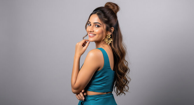 Beautiful Indian Woman Smiling in Teal Outfit with Golden Earrings