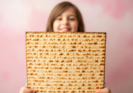 A cheerful woman holding a large matzah cracker box with a surprised expression.