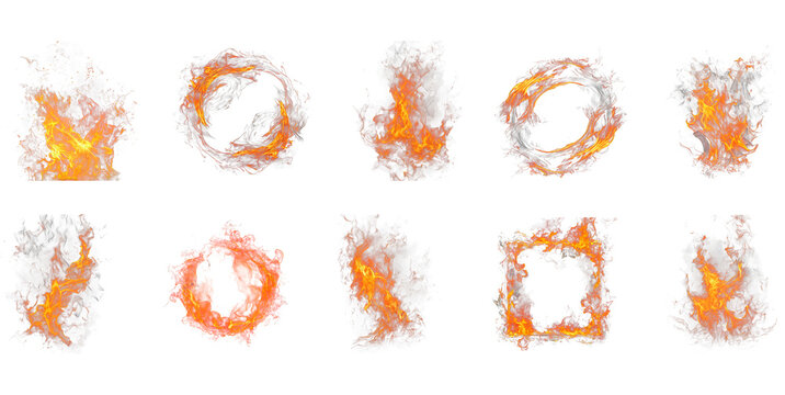 Fiery circle shape created from swirling flames on isolated transparent background.