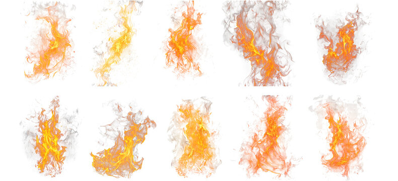 Set of dynamic fire elements and abstract flame shapes on transparent background.
