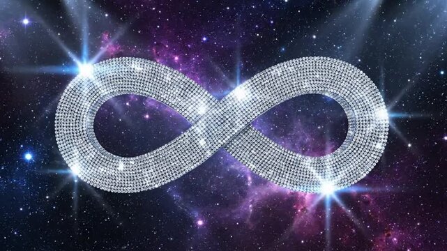 Sparkling diamond infinity symbol against a cosmic background, representing eternity and limitless possibilities.