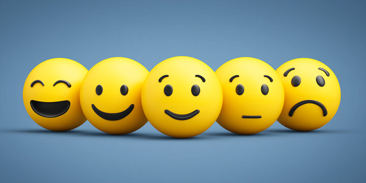 5 3D Emoji yellow faces each of the emoji hace is different expression going from very happy on the to sad face, customer satisfaction concept