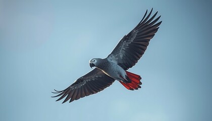 Obraz premium A majestic African Grey Parrot with striking red tail feathers soars gracefully through a pale blue sky.