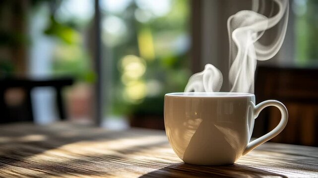 Slow motion close up of steaming mug releasing swirling steam on wooden table by sunlit window in cozy kitchen interior morning