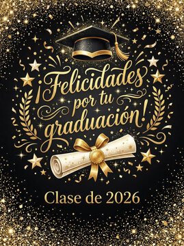 Spanish felicitations graduation greeting card design with gold confetti mortarboard and diploma scroll in black for class celebration poster and invitation use