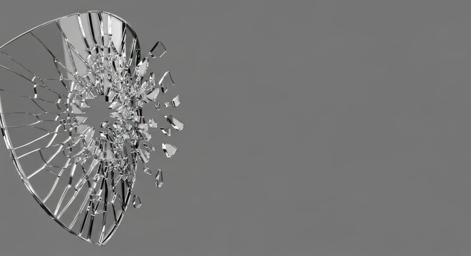 Shattered glass fragments flying apart from a broken circular pane against a gray background ideal for accident or danger concepts