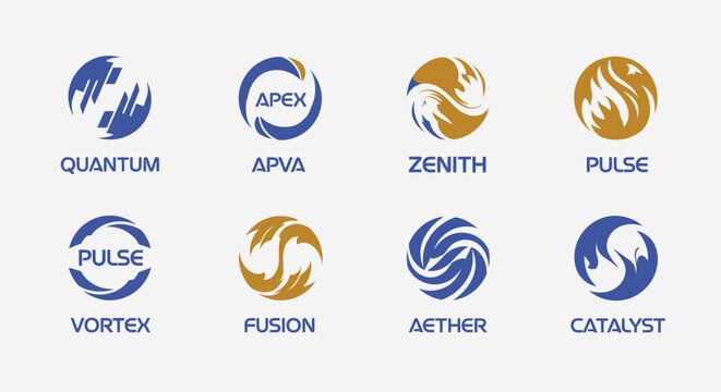 Abstract logo designs in circular shapes with various dynamic graphic elements