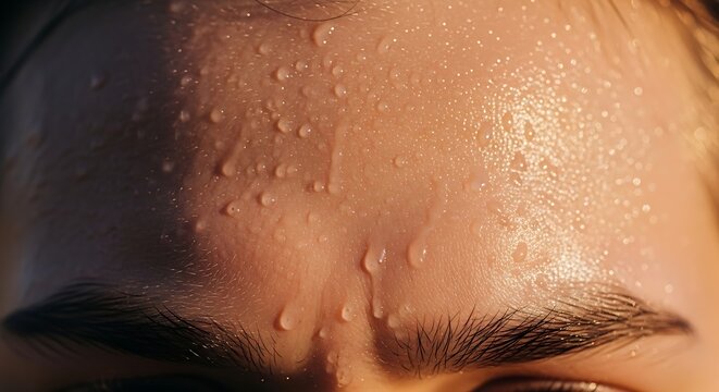 Close up extreme detail shot of human forehead skin covered in tiny water droplets reflecting sunlight creating a glistening texture representing
