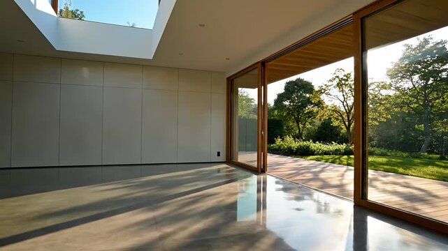 Bright modern room with skylight overlooking sunny green garden