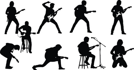 Fototapeta premium Guitar player silhouettes set, musicians performing electric and acoustic guitar in dynamic poses, live music performance collection isolated vector illustration for concert, band and entertainment 