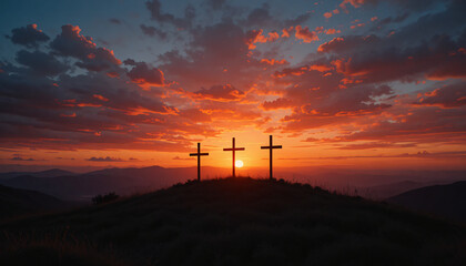 Obraz premium Three Crosses Silhouette on Hill with Dramatic Red Sunset Sky