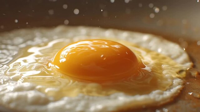 Egg yolk splashing into a fried egg on a plate with water droplets