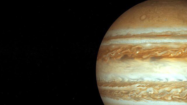 Close up of jupiter planet showcasing swirling clouds and bands of oranges and whites, planetary