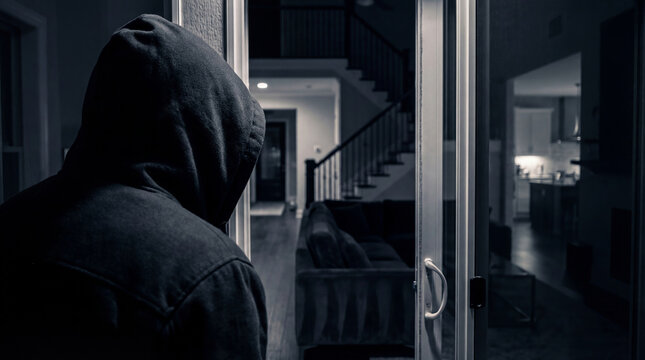 Thief in hoodie standing at glass door of house at night. Robber breaking into home to commit burglary. Criminal activity, security threat and intruder entering residential building.