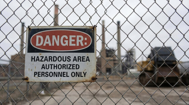 Danger sign on a chain link fence in front of a hazardous industrial area with authorized personnel only warning.