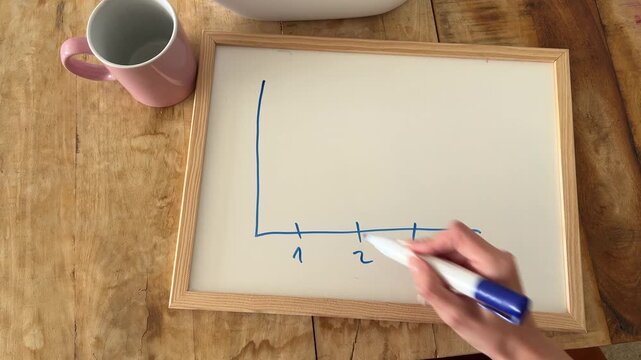 Plano detalle de mano dibujando gr&aacute;fico en pizarra blanca