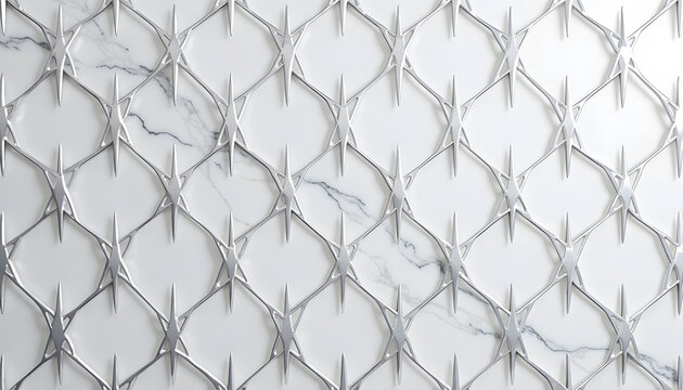 Luxury white marble background with 3D silver geometric metal mesh
