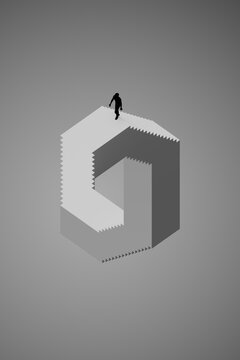 3D impossible stair loop with lone figure on white form