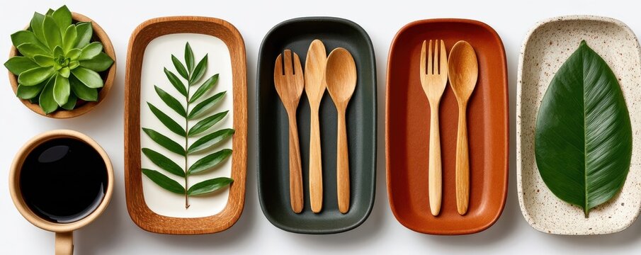 Eco-friendly tableware flat lay with wooden cutlery, recyclable plates and green leaves for sustainable dining