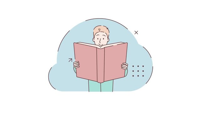 Man holds a book, a student reading a textbook in hands. Red book. Young man reading a book. Hand drawn in thin line style. Motion design video isolated on white background. 2d flat animation