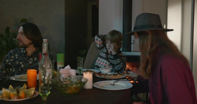 Kid Spend Time with Uncles. Friends Have a Home Party Dinner. 4K 10-bit