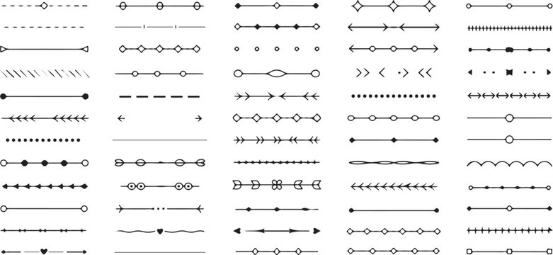 Hand drawn ornamental dividers set with lines dots shapes and arrows for page separators text decoration and stationery finishing.