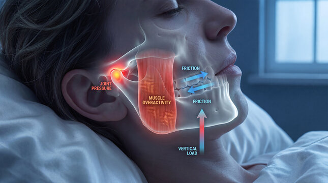 Bruxism medical diagram showing teeth grinding, TMJ pressure, and jaw muscle tension during sleep.