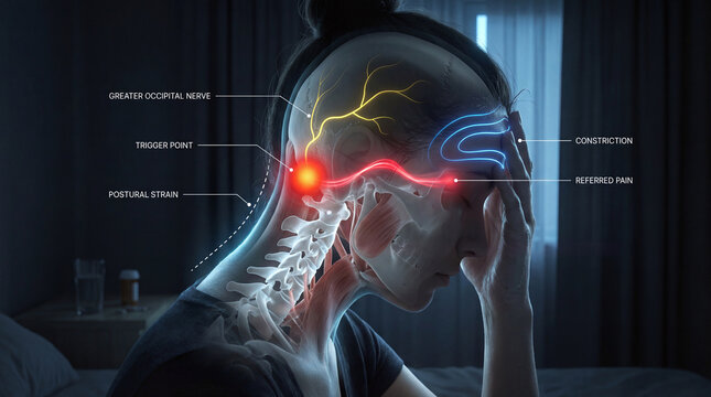 Migraine anatomy illustration showing occipital nerve pain pathways and trigger points in a woman.