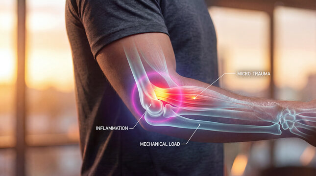 Elbow pain anatomy illustration showing glowing x-ray joint inflammation and trauma on male arm.