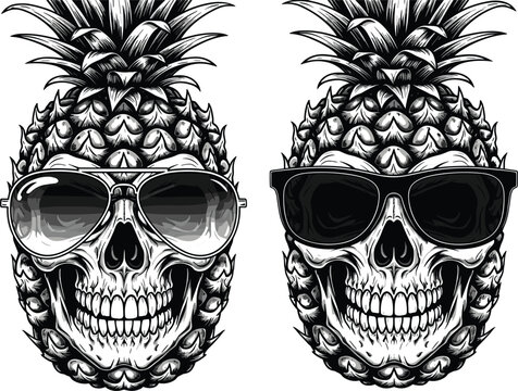 two stylized skulls wearing sunglasses and hats with pineapple patterns, isolated on a checkered background.