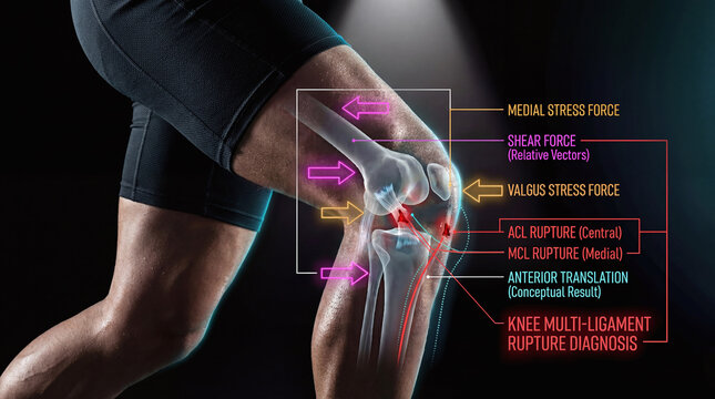 Knee anatomy illustration showing ACL and MCL multi-ligament rupture diagnosis and stress forces.