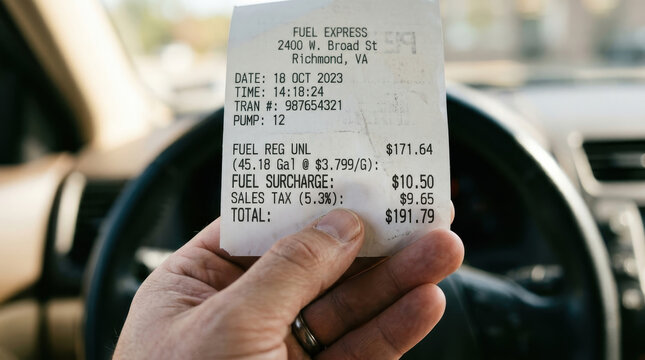 Person holding a fuel receipt showing a high total cost for gasoline in a car interior.