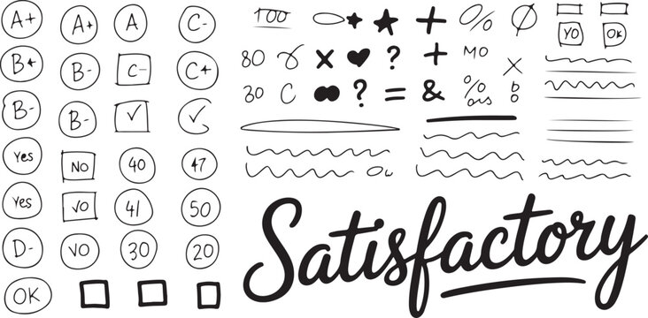 School and education symbols in doodle style like grades, numbers, marks, lines and satisfactory text.