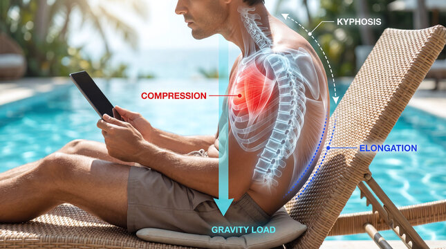 Medical infographic illustrating kyphosis, spinal compression, and poor posture using a tablet.