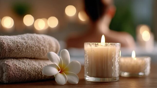 Silhouette of a woman in the bathroom, folded towels, a plumeria flower and two lighted candles. The background is blurry, with warm light and vague outlines. spa.