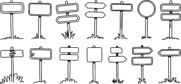 Hand-drawn road sign collection, empty signboards with arrows, wooden and metal poles, doodle style.