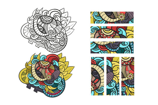 Hand-drawn doodle illustration set featuring intricate floral and wave patterns. Includes black and white line art, colored version, and banners.