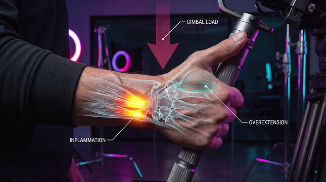 Wrist inflammation and joint pain x-ray overlay on videographer hand holding heavy camera gimbal.