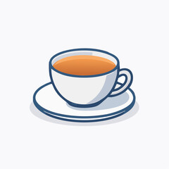 Fototapeta premium White cup of tea on saucer with blue rim, simple flat vector illustration, hot drink, flat design, white background