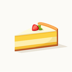 Slice of cheesecake with strawberry and mint leaf, flat illustration, flat design © madu