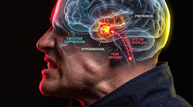 Human brain anatomy illustration showing fear pathway and stress hyperarousal in a man's profile.