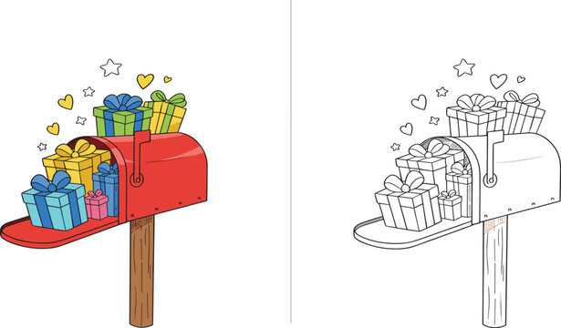 Red mailbox overflowing with colorful gift boxes and floating hearts stars illustration for birthday celebration holiday greeting card and coloring.