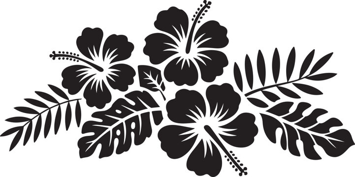 Hibiscus floral arrangement with tropical leaves silhouette and exotic blooming flowers for summer travel and botanical decoration.