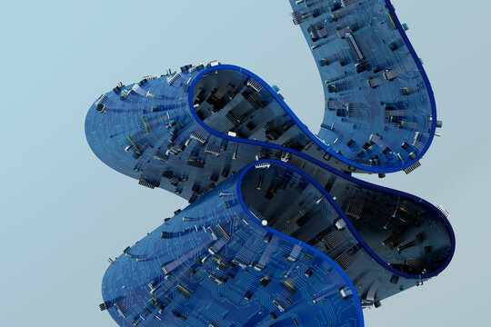 3D circuit fold flow with blue board and curved pathway