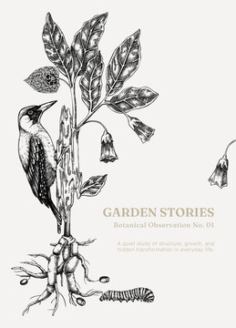 Botanical observation poster design with bird and plant sketches. Hand drawn natural history illustration in vintage engraving style. NOT AI generated