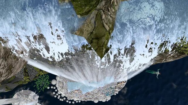 Top View Waterfall Flowing into Deep River with Rocks and Splash Effect