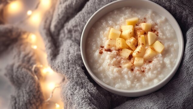 Warm homemade rice pudding with diced apples and cinnamon, served in a white bowl on a soft grey blanket with bokeh lights.
