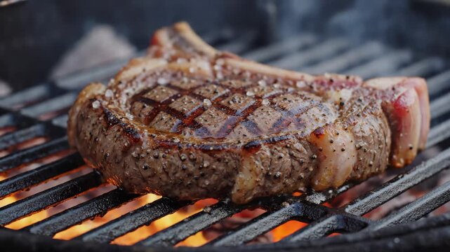 T-bone steak grilling on flaming barbecue