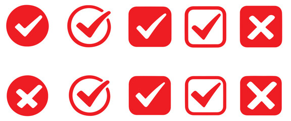 Check tick mark icon set. Cross box x check mark checkbox v list vector draw hand drawn sketch doodle brush marker checklist symbol wrong right circle. Vector Illustration © Daishin