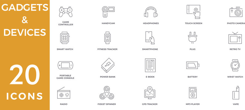 20 Modern Minimalist Electronic Gadget Line Icon Set .